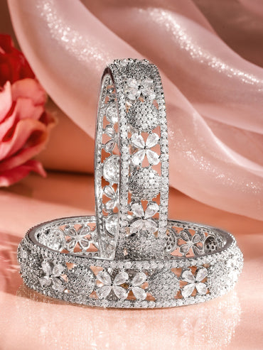 Rubans Set of 2 Rhodium-Plated AAA Cubic Zirconia Studded Floral Design Bangles