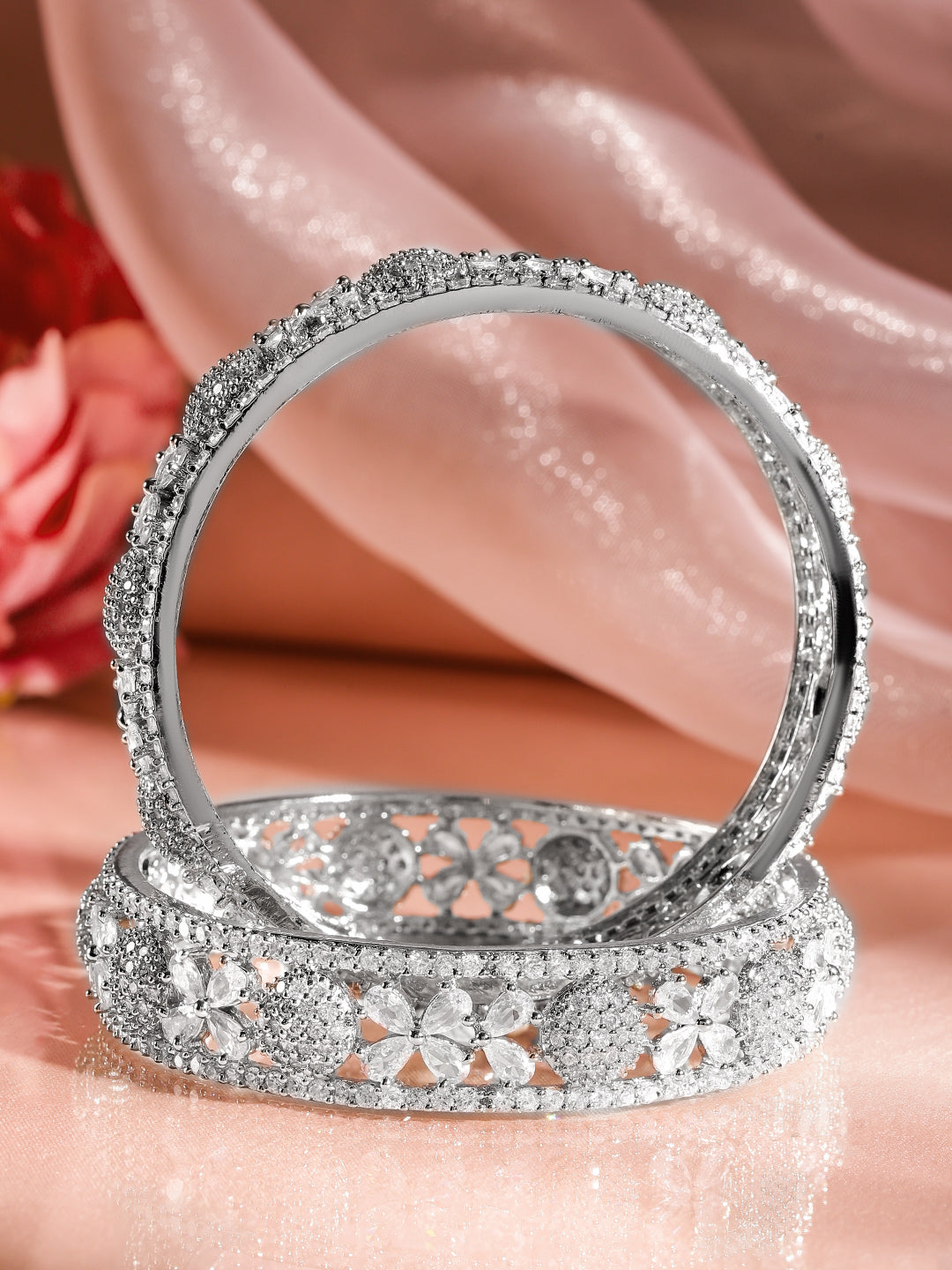 Rubans Set of 2 Rhodium-Plated AAA Cubic Zirconia Studded Floral Design Bangles