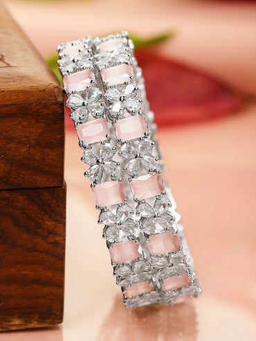 Rubans Set of 2 Rhodium-Plated Pastel Pink & White Cubic Zirconia Studded Bangles
