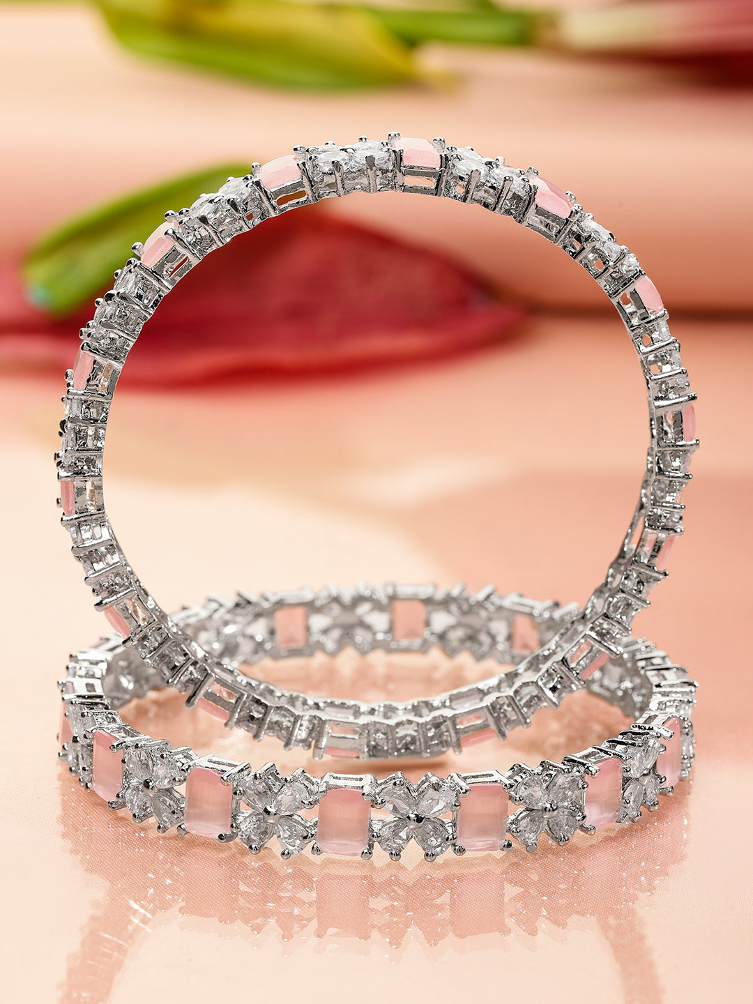 Rubans Set of 2 Rhodium-Plated Pastel Pink & White Cubic Zirconia Studded Bangles