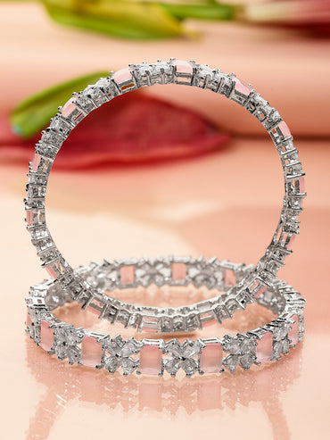 Rubans Set of 2 Rhodium-Plated Pastel Pink & White Cubic Zirconia Studded Bangles