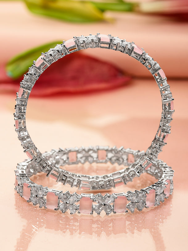 Rubans Set of 2 Rhodium-Plated Pastel Pink & White Cubic Zirconia Studded Bangles