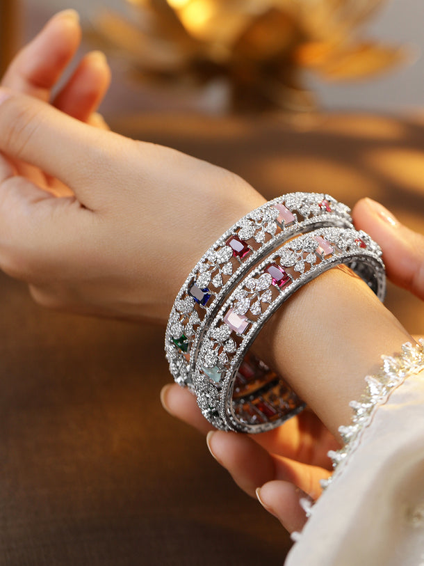 Rubans Set of 2 Rhodium-Plated Multicolor AAA Cubic Zirconia Studded Handcrafted Bangles