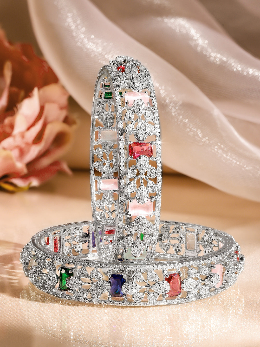 Rubans Set of 2 Rhodium-Plated Multicolor AAA Cubic Zirconia Studded Handcrafted Bangles