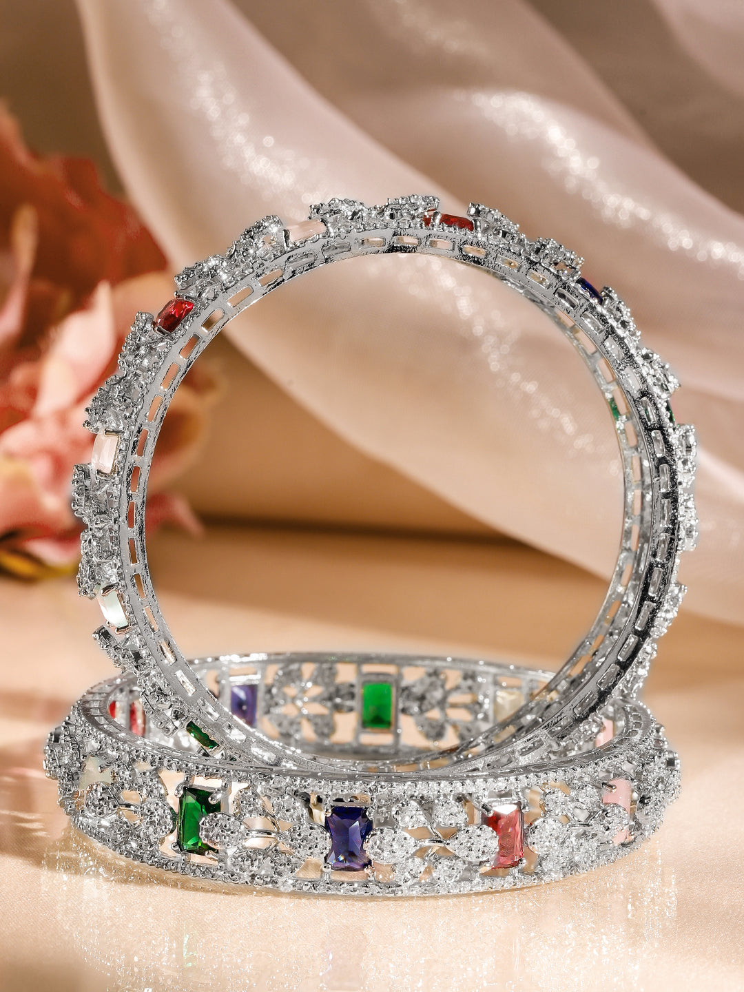 Rubans Set of 2 Rhodium-Plated Multicolor AAA Cubic Zirconia Studded Handcrafted Bangles