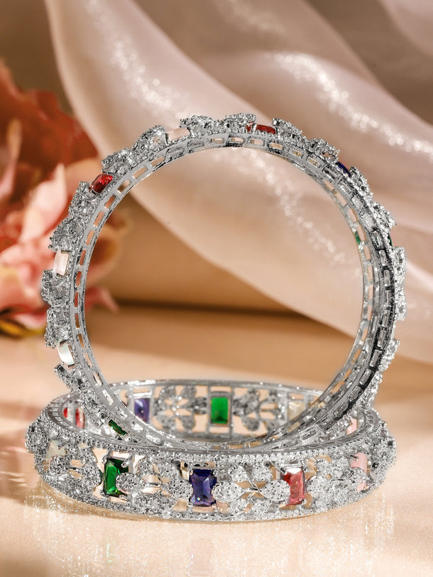 Rubans Set of 2 Rhodium-Plated Multicolor AAA Cubic Zirconia Studded Handcrafted Bangles