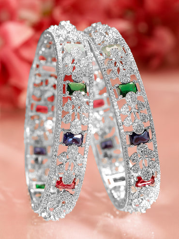 Rubans Set Of 2 Rhodium-Plated CZ Studded Bangles