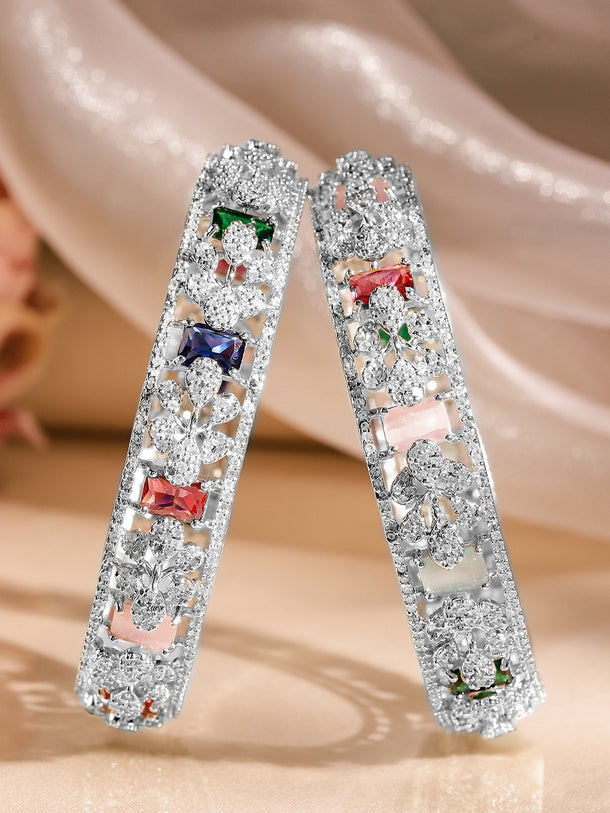 Rubans Set of 2 Rhodium-Plated Multicolor AAA Cubic Zirconia Studded Handcrafted Bangles