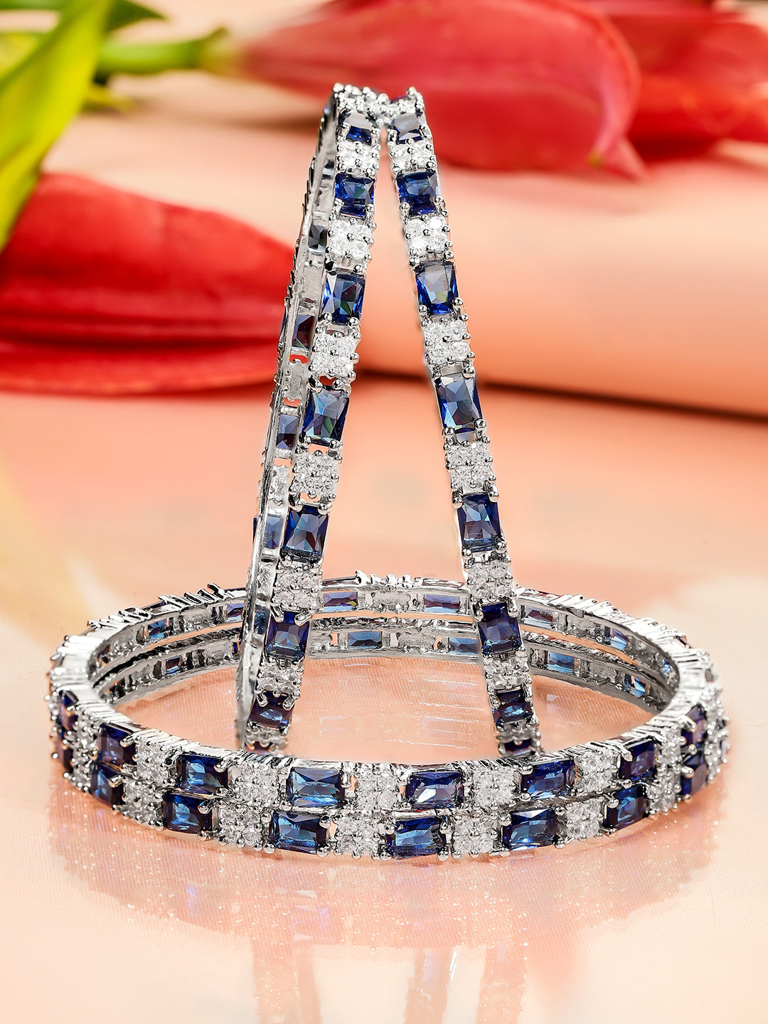 Rubans Set of 4 Rhodium-Plated Blue Sapphire & Cubic Zirconia Studded Premium Bangles