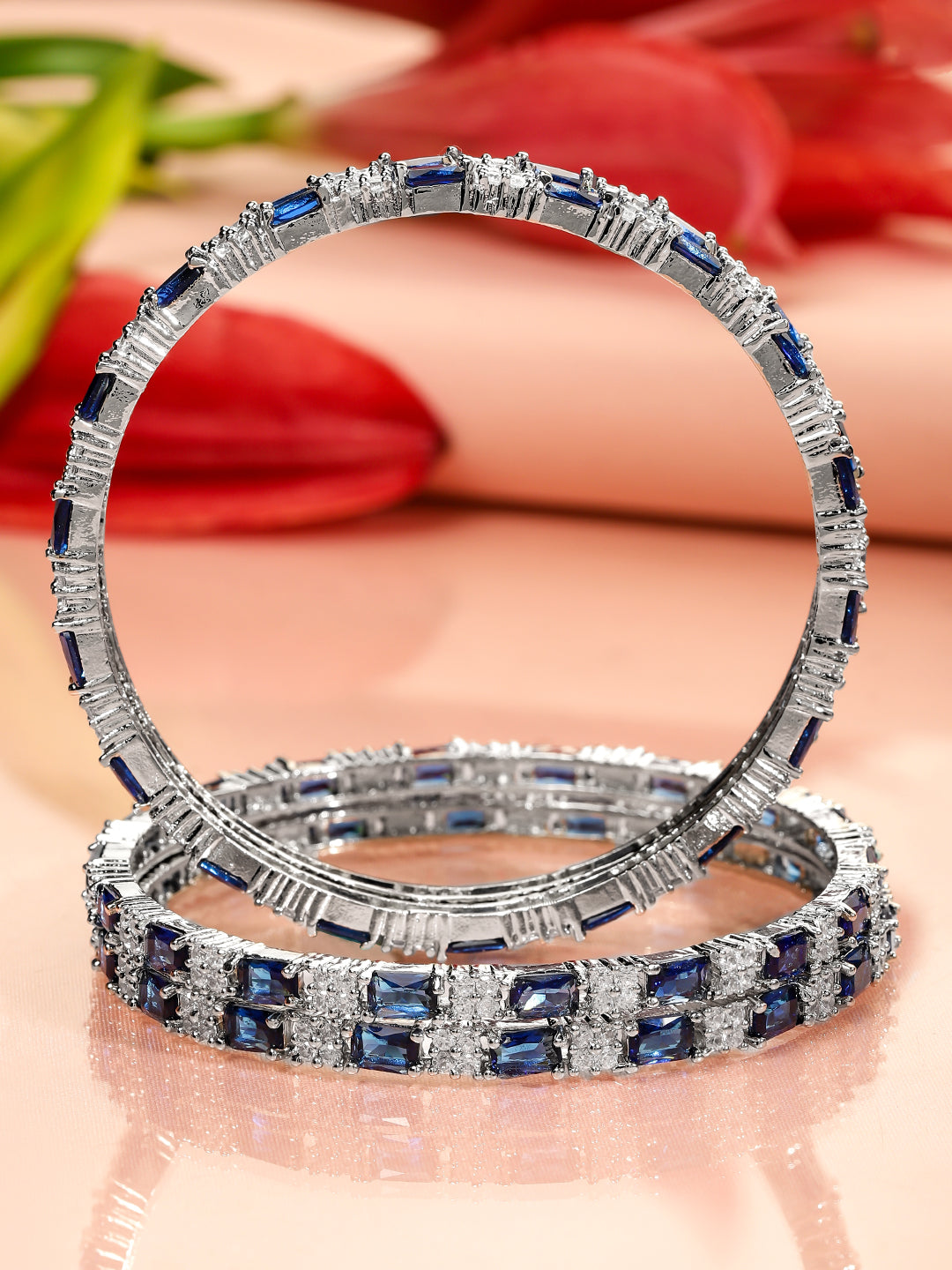 Rubans Set of 4 Rhodium-Plated Blue Sapphire & Cubic Zirconia Studded Premium Bangles