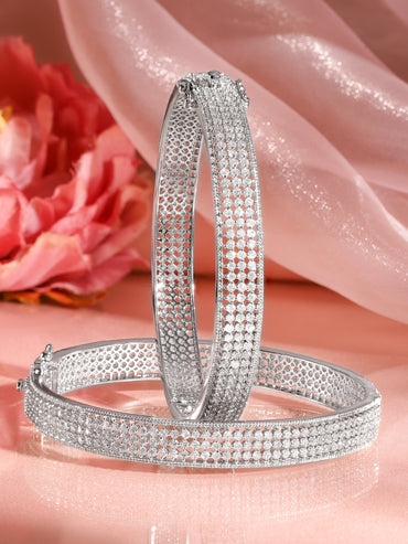 Rubans Set of 2 Rhodium-Plated AAA Cubic Zirconia Studded Handcrafted Openable Bangles
