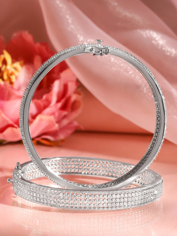 Rubans Set of 2 Rhodium-Plated AAA Cubic Zirconia Studded Handcrafted Openable Bangles