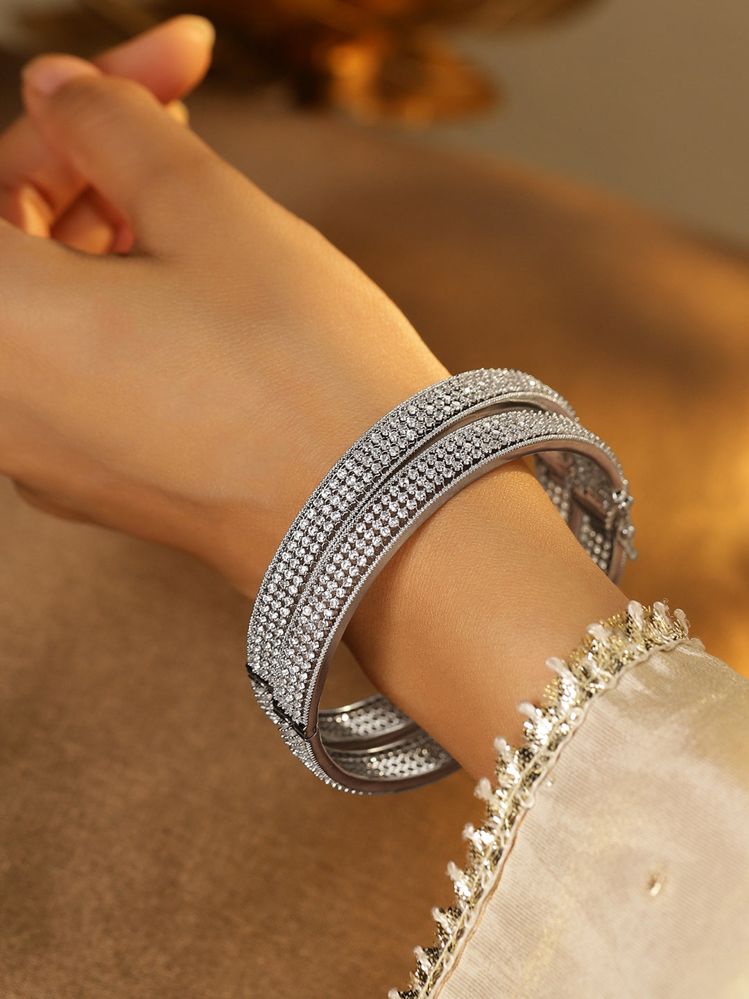 Rubans Set of 2 Rhodium-Plated AAA Cubic Zirconia Studded Handcrafted Openable Bangles