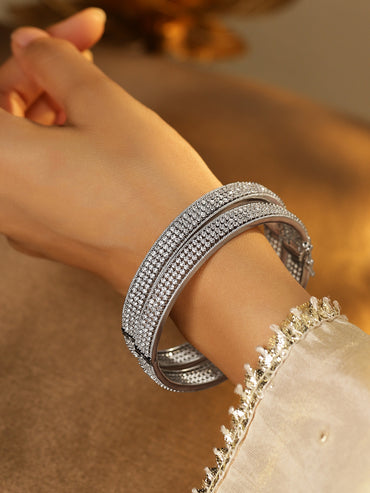 Rubans Set of 2 Rhodium-Plated AAA Cubic Zirconia Studded Handcrafted Openable Bangles