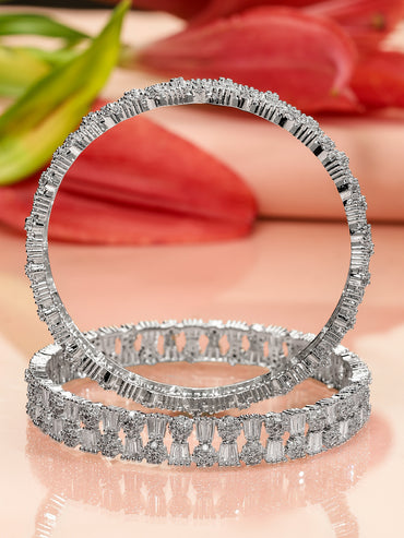 Rubans Set of 2 Rhodium-Plated AAA Cubic Zirconia Studded Handcrafted Premium Bangles