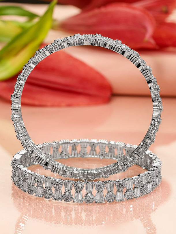 Rubans Set of 2 Rhodium-Plated AAA Cubic Zirconia Studded Handcrafted Premium Bangles