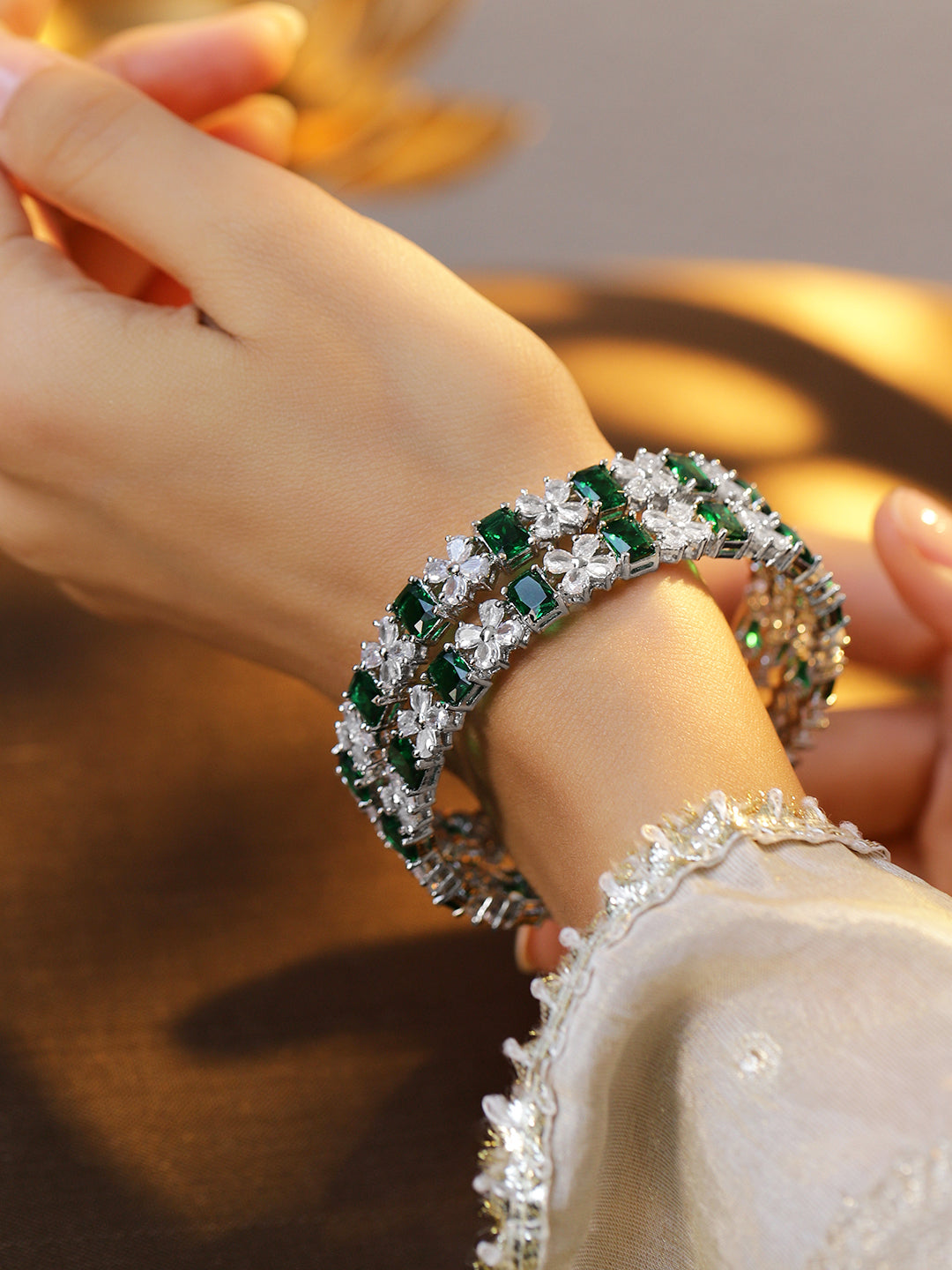 Rubans Set of 2 Rhodium-Plated Emerald Green & White Cubic Zirconia Studded Bangles