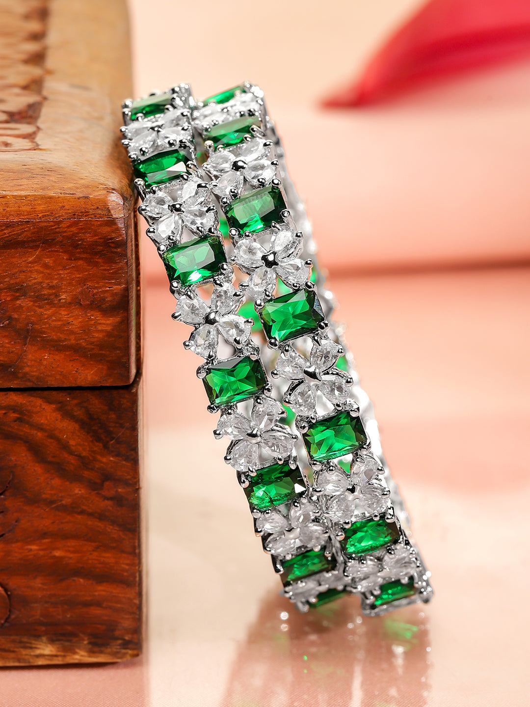 Rubans Set of 2 Rhodium-Plated Emerald Green & White Cubic Zirconia Studded Bangles