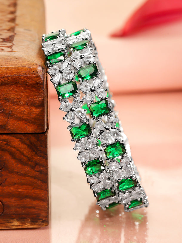 Rubans Set of 2 Rhodium-Plated Emerald Green & White Cubic Zirconia Studded Bangles