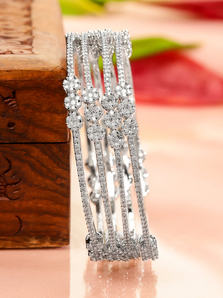 Rubans Set of 4 Rhodium-Plated White Cubic Zirconia Floral Design Handcrafted Premium Bangles for Women