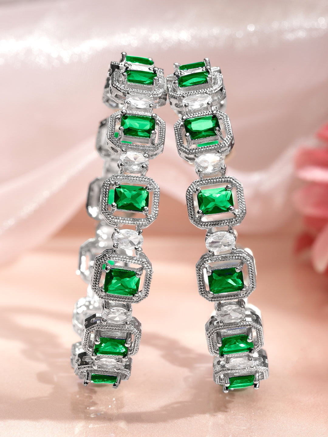 Rubans Set of 2 Rhodium-Plated Emerald Green & White Cubic Zirconia Studded Floral Bangles