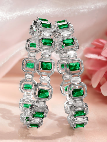 Rubans Set of 2 Rhodium-Plated Emerald Green & White Cubic Zirconia Studded Floral Bangles