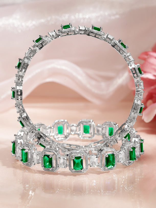 Rubans Set of 2 Rhodium-Plated Emerald Green & White Cubic Zirconia Studded Floral Bangles