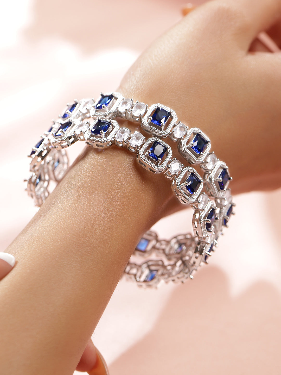 Rubans Set of 2 Rhodium-Plated Blue Sapphire & White Zirconia Studded Designer Bangles