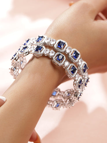 Rubans Set of 2 Rhodium-Plated Blue Sapphire & White Zirconia Studded Designer Bangles