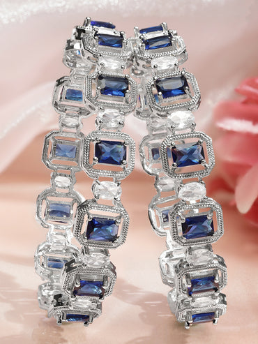 Rubans Set of 2 Rhodium-Plated Blue Sapphire & White Zirconia Studded Designer Bangles
