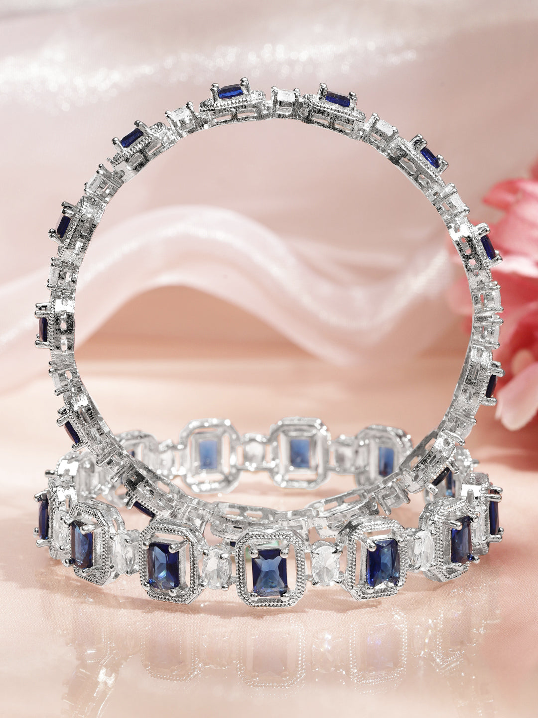 Rubans Set of 2 Rhodium-Plated Blue Sapphire & White Zirconia Studded Designer Bangles