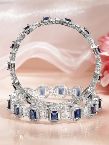 Rubans Set of 2 Rhodium-Plated Blue Sapphire & White Zirconia Studded Designer Bangles
