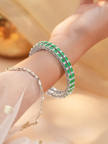 Rhodium Plated Emerald and Cubic Zirconia Studded Bangles