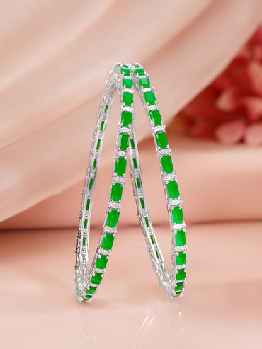 Rhodium Plated Emerald and Cubic Zirconia Studded Bangles