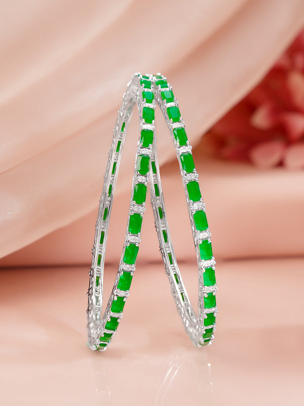 Rhodium Plated Emerald and Cubic Zirconia Studded Bangles