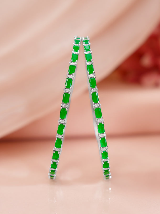 Rhodium Plated Emerald and Cubic Zirconia Studded Bangles