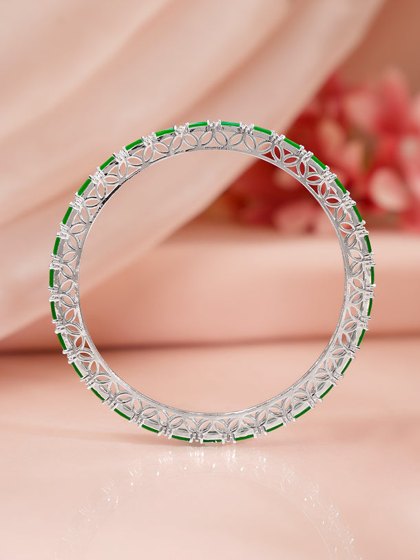 Rhodium Plated Emerald and Cubic Zirconia Studded Bangles
