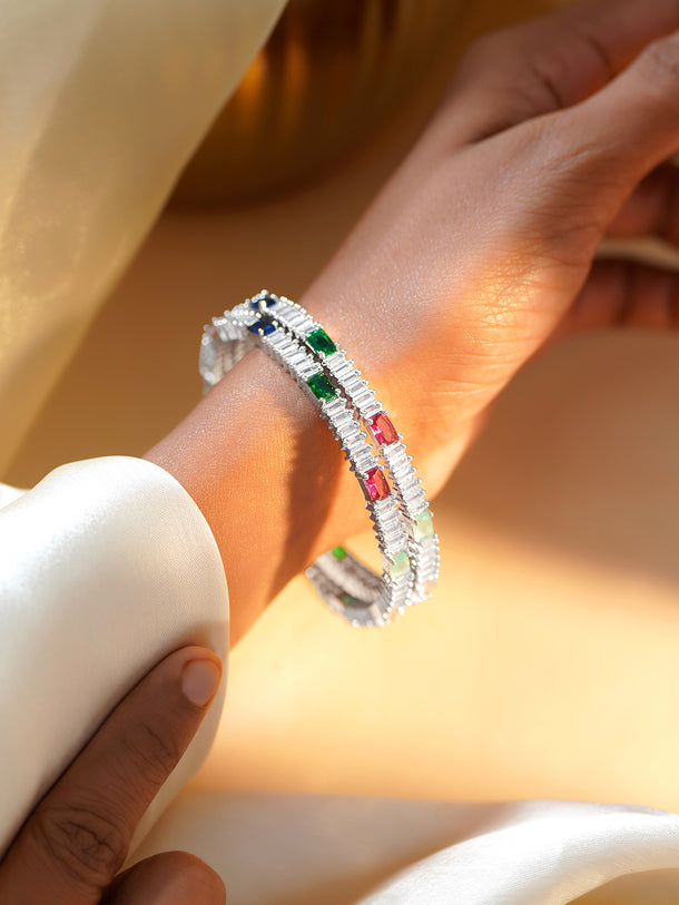 Rubans Set of 2 Rhodium Plated Pink & Green Cubic Crystal Bangles