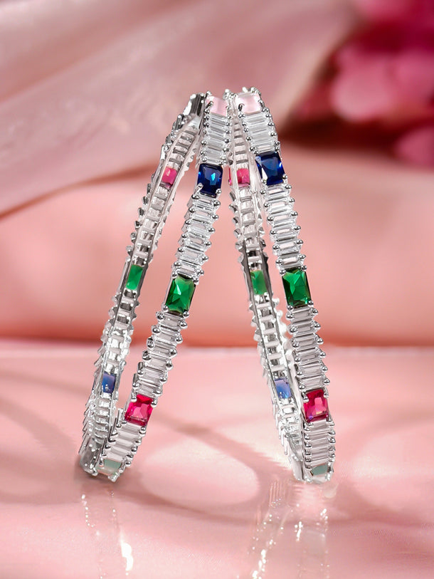 Rubans Set of 2 Rhodium Plated Pink & Green Cubic Crystal Bangles