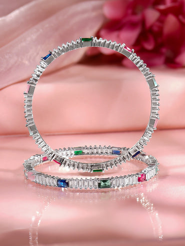 Rubans Set of 2 Rhodium Plated Pink & Green Cubic Crystal Bangles