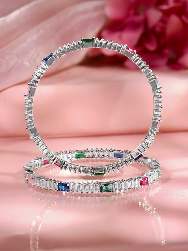 Rubans Set of 2 Rhodium Plated Pink & Green Cubic Crystal Bangles