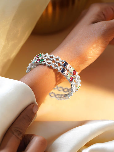 Rubans Set of 2 Rhodium Plated Multicolor Crystal Bangles