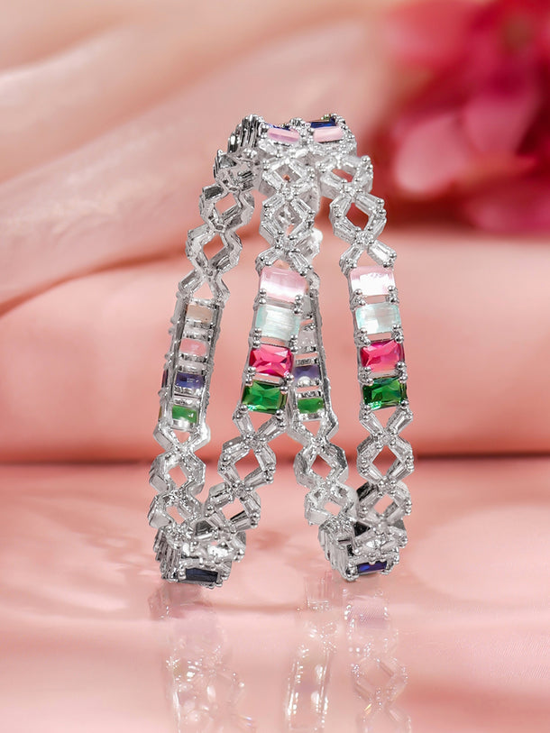 Rubans Set of 2 Rhodium Plated Multicolor Crystal Bangles
