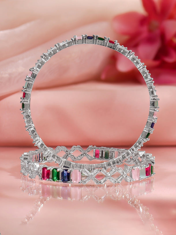 Rubans Set of 2 Rhodium Plated Multicolor Crystal Bangles