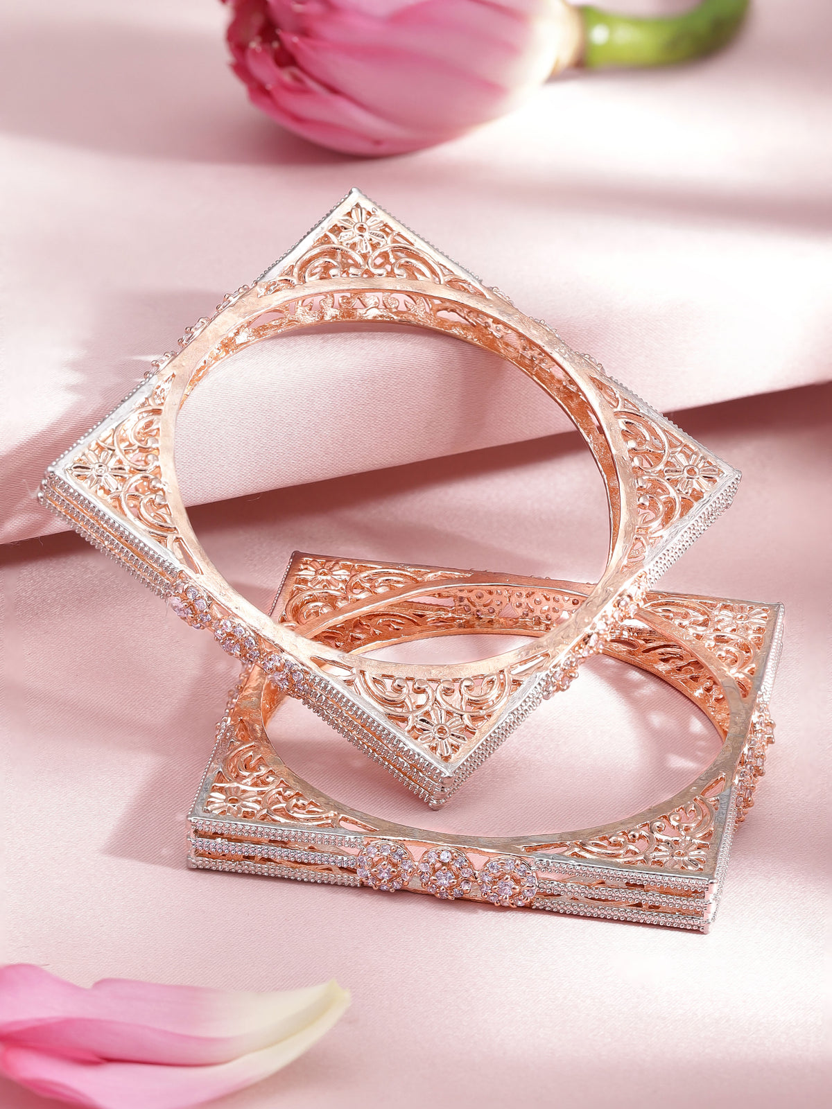 Rubans Set Of 2 Rose Gold-Plated Cubic Zirconia Stone Studded Handcrafted Bangle