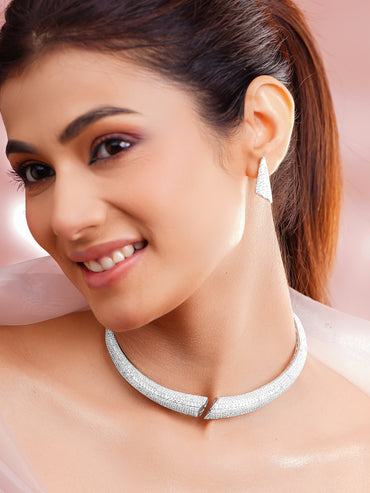 Rhodium-Plated Cubic Zirconia Statement Collar Necklace Set