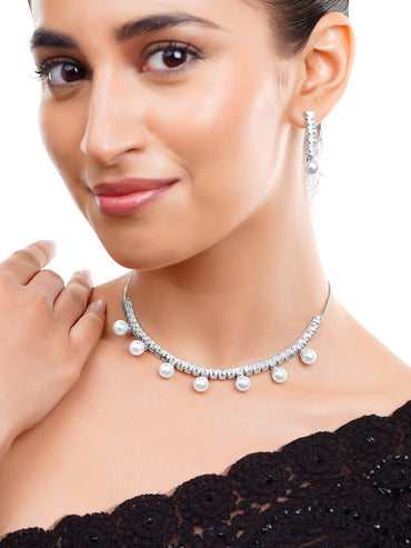 Rhodium Plated American Diamond Pearl Drop Statement Necklace Set