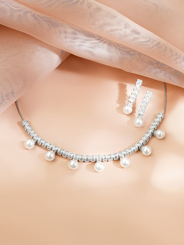 Rhodium Plated American Diamond Pearl Drop Statement Necklace Set