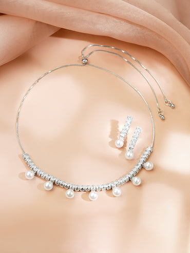 Rhodium Plated American Diamond Pearl Drop Statement Necklace Set