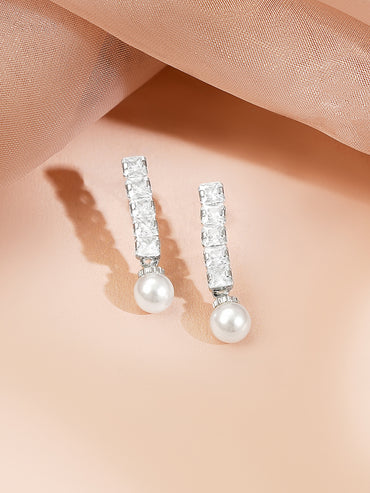 Rhodium Plated American Diamond Pearl Drop Statement Necklace Set